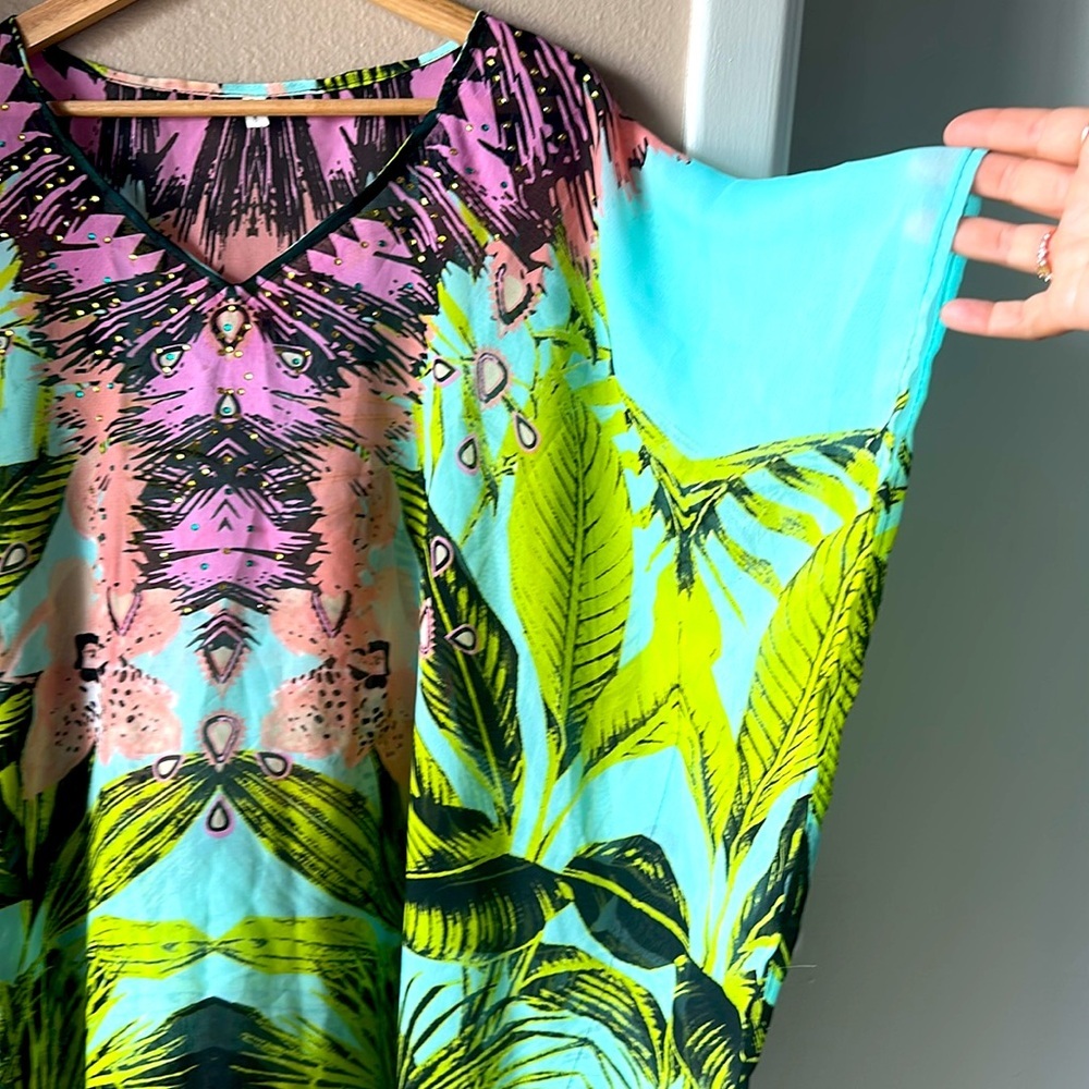 Tropical Patterned V Neck Sheer Caftan Coverup - image 3